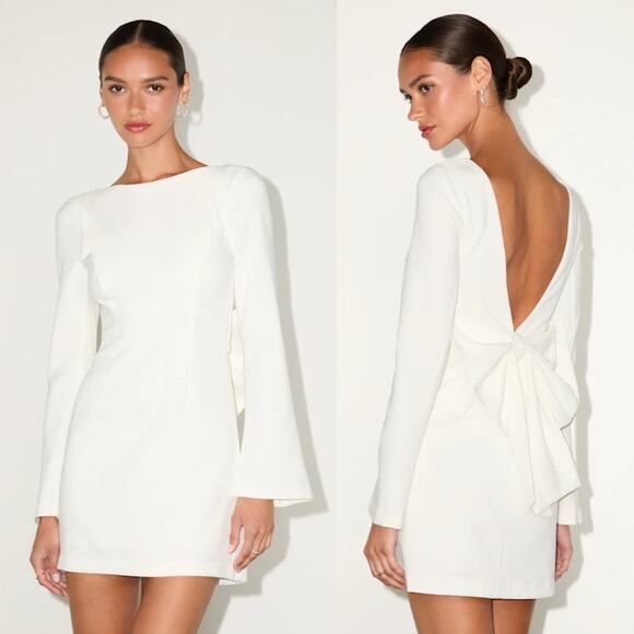 NWT Lulus Elegant Cutie Ivory Bow Long Sleeve Backless Mini Dress Cocktail Sz M - Picture 1 of 8